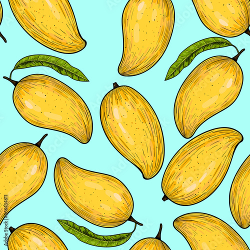 Vector mango  hand drawn sketch.  Vector seamless pattern.  Vintage style