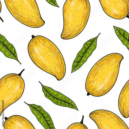 Vector mango  hand drawn sketch.  Vector seamless pattern.  Vintage style