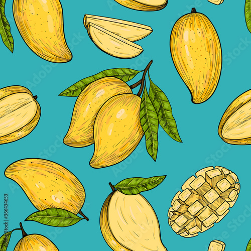 Vector mango  hand drawn sketch.  Vector seamless pattern.  Vintage style
