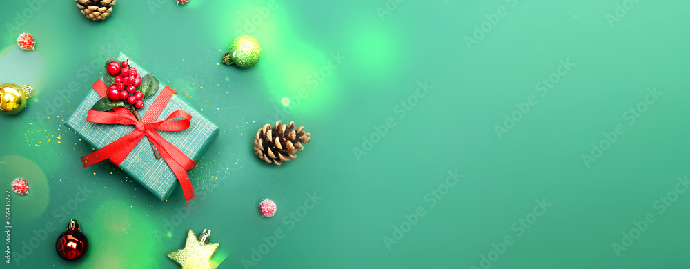 Christmas objects empty space background,new year horizontal banner.