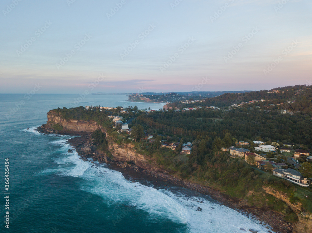 Aerial view of northern beaches, Sydney, coastline in the morning.
