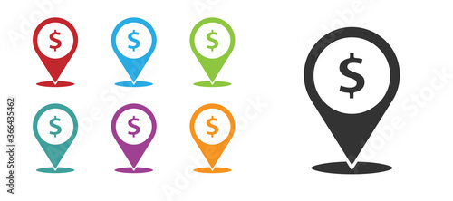 Black Cash location pin icon isolated on white background. Pointer and dollar symbol. Money location. Business and investment concept. Set icons colorful. Vector Illustration.