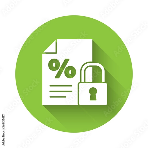 White Finance document and lock icon isolated with long shadow. Paper bank document for invoice or bill concept. Green circle button. Vector Illustration.