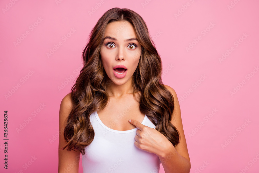 Are you sure. Photo of pretty wavy shocked lady crazy facial expression open mouth directing finger chest doubts about decision wear white casual singlet isolated pink color background Are you sure. Photo of pretty wavy shocked lady crazy facial expression open mouth directing finger chest doubts about decision wear white casual singlet isolated pink color background