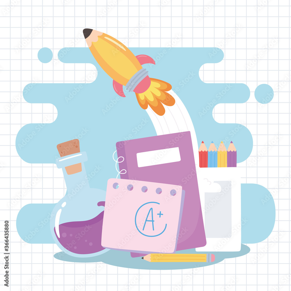 back to school, notebook pencils test tube and rocket education cartoon back to school, notebook pencils test tube and rocket education cartoon