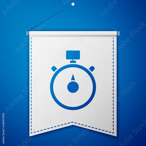 Blue Stopwatch icon isolated on blue background. Time timer sign. Chronometer sign. White pennant template. Vector Illustration.