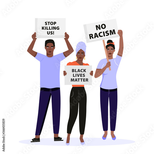 Black lives matter concept illustration. Group of people holding placards and protesting about human rights of black people. Fighting for equality. Vector.