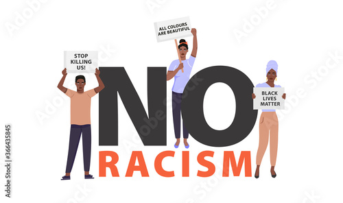 Black lives matter concept illustration. No racism lettering phrase design with group of people holding placards and protesting about human rights of black people. Fighting for equality. Vector.