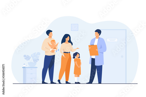 Happy young family with baby and pediatrician doctor isolated flat vector illustration. Cartoon pediatric patients in medical office or hospital. Emergency, health and medicine concept