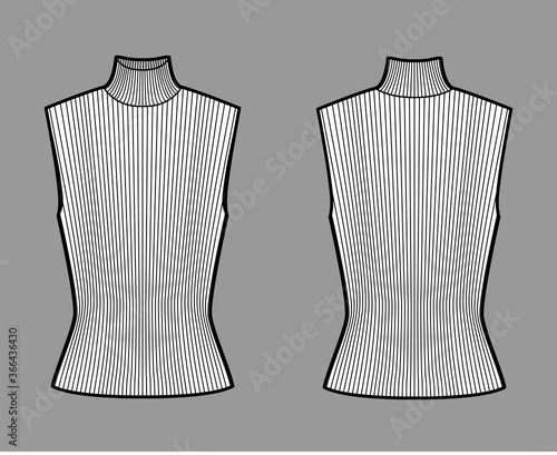 Turtleneck rib sweater technical fashion illustration with fitted body, sleeveless jumper. Flat shirt apparel template front, back, white color. Women, men unisex top CAD mockup