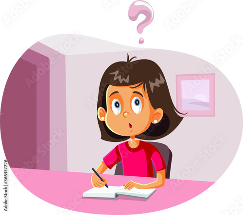 Student Girl Having Questions Doing Homework Vector Cartoon