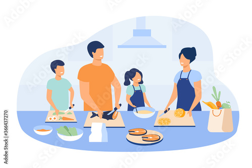 Mother and father with kids cooking dishes at kitchen isolated flat vector illustration. Cartoon happy family preparing food together. Meal and nutrition concept