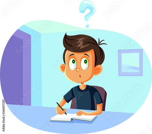 School Boy Having Questions Doing Homework Vector Cartoon