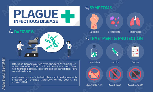 Infographic illustration about Plague infectious disease, Symptoms, Treatment and protection. Flat design.