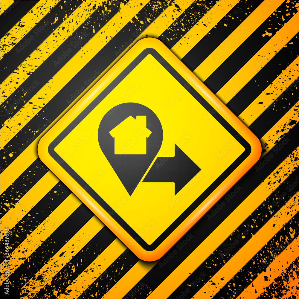 Black Map pointer with house icon isolated on yellow background. Home location marker symbol. Warning sign. Vector Illustration. Black Map pointer with house icon isolated on yellow background. Home location marker symbol. Warning sign. Vector Illustration.