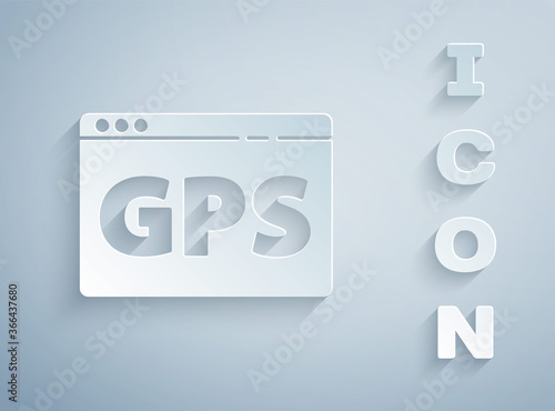 Paper cut Gps device with map icon isolated on grey background. Paper art style. Vector Illustration.