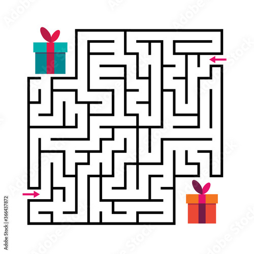 Square maze labyrinth game for kids. Labyrinth logic conundrum. Two entrances and two right ways to go. Vector flat illustration isolated on white background.