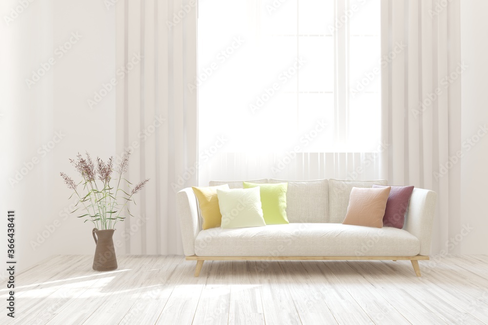 Fototapeta premium White living room with sofa. Scandinavian interior design. 3D illustration