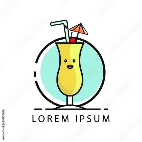 Vector Cartoon Illustration - Glass of Pina Colada with Drinking Straw, Cocktail Umbrella and Pineapple