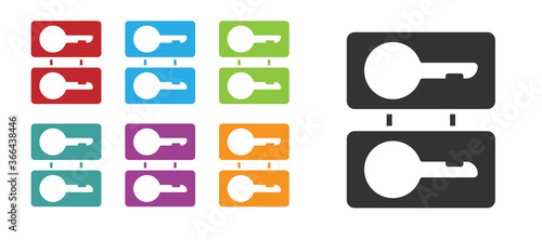 Black Metal mold plates for casting keys icon isolated on white background. Set for mass production and forgery of the keys. Set icons colorful. Vector Illustration.