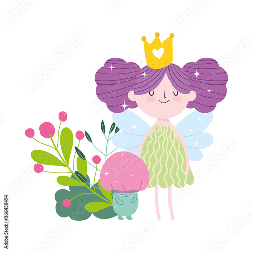 little fairy princess with crown mushroom rainbow tree tale cartoon