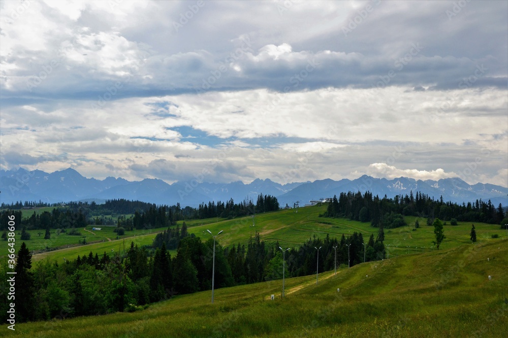 Tatra Mountains panorama. Beautiful view from Kotelnica mountain. Bialka Tatrzanska, Podhale, Poland. High Tatra summits.