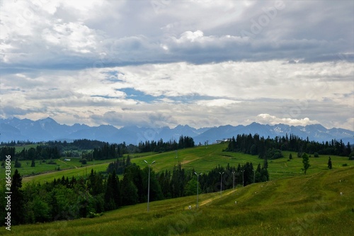 Tatra Mountains panorama. Beautiful view from Kotelnica mountain. Bialka Tatrzanska, Podhale, Poland. High Tatra summits.