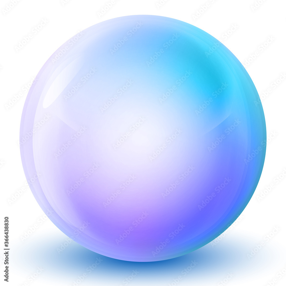 Glass purple and blue ball or precious pearl. Glossy realistic ball, 3D abstract vector illustration highlighted on a white background. Big metal bubble with shadow.