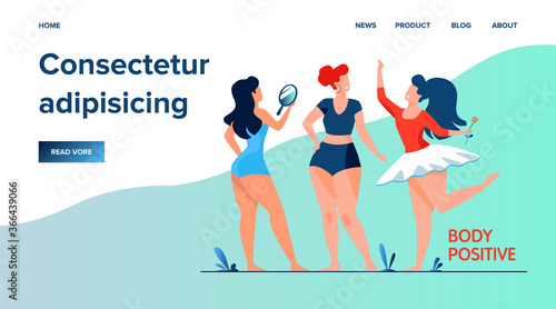 Happy girls admiring their bodies flat vector illustration. Body positive female characters smiling each other. Active women with plus size figures. Different beauty, fashion and healthy lifestyle