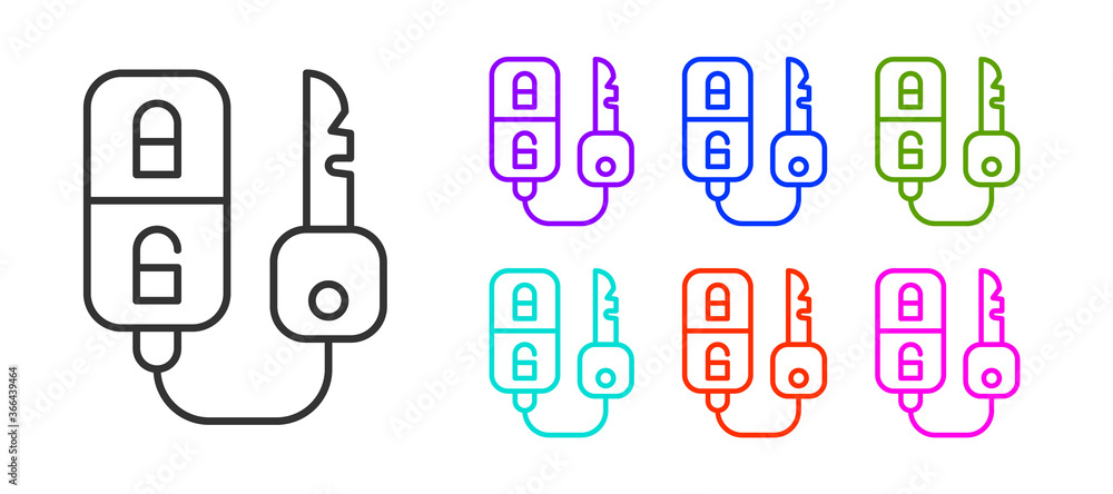 Black line Car key with remote icon isolated on white background. Car key and alarm system. Set icons colorful. Vector Illustration. Black line Car key with remote icon isolated on white background. Car key and alarm system. Set icons colorful. Vector Illustration.