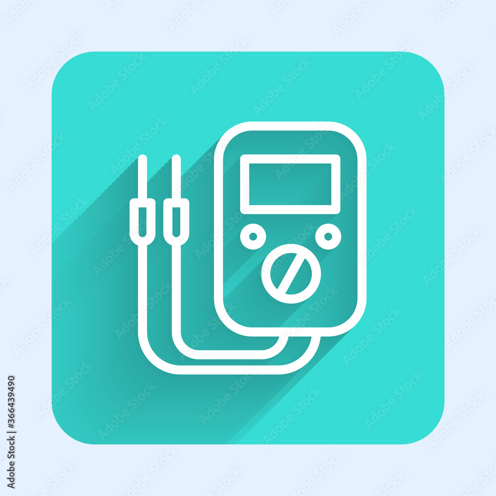 White line Ampere meter, multimeter, voltmeter icon isolated with long shadow. Instruments for measurement of electric current. Green square button. Vector Illustration. White line Ampere meter, multimeter, voltmeter icon isolated with long shadow. Instruments for measurement of electric current. Green square button. Vector Illustration.