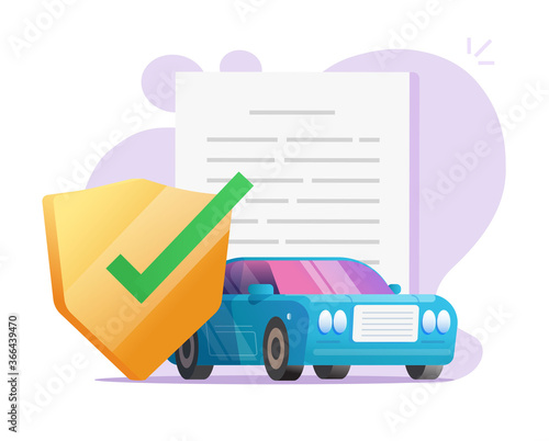 Car insurance coverage protection contract document with shield or auto vehicle guarantee assurance legal doc policy vector flat illustration, automobile warranty safety agreement modern design image