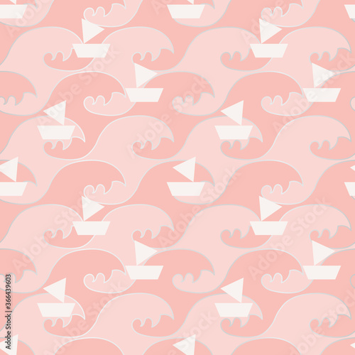 White sailboats regatta on pink ocean seamless vector pattern. Decorative recreation themed surface print design for fabrics  stationery  textiles  backgrounds  gift wrap  scrapbooking  and packaging.