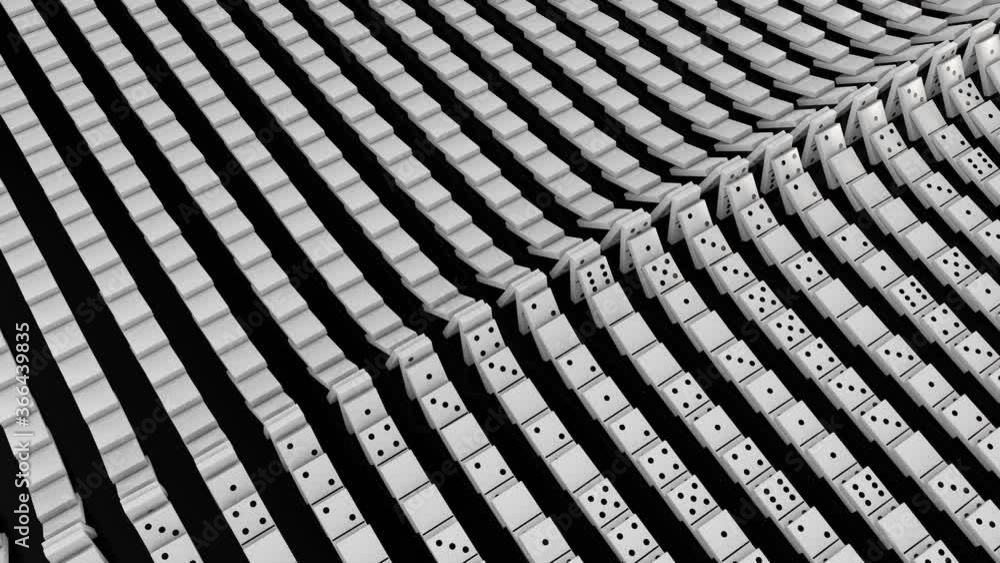 3D animation of falling dominoes. The fall of the array comes from both sides and connects in the center of the composition. Abstract animation of the playing field. 3D animation of falling dominoes. The fall of the array comes from both sides and connects in the center of the composition. Abstract animation of the playing field.