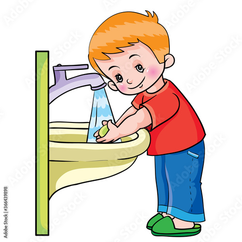 boy under running water in the washstand washes his hands with soap, cartoon illustration, isolated object on white background, vector illustration,
