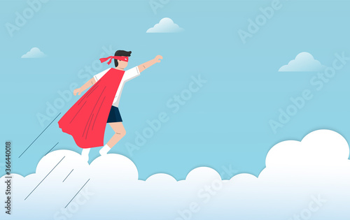 Kids pretend to be superhero character. Flying imagination on blue sky design concept. Success, leader and winner in the future. Flat vector illustration