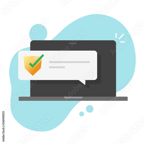 Security protection message notice on laptop computer or digital online secure push notification message on pc vector flat cartoon, device protected with internet safety firewall system icon image