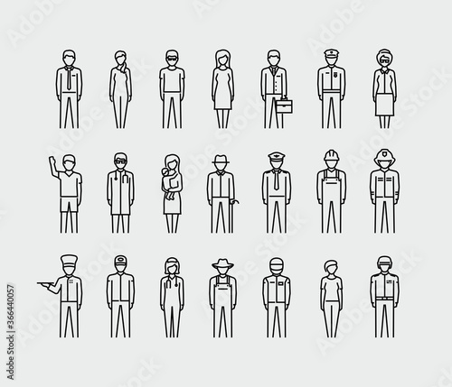 People Professions Avatars Vector Line Icons Set