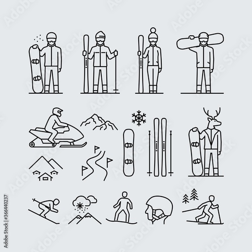 Winter sports outdoor activities vector line icons 