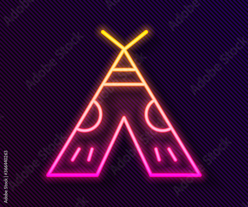 Glowing neon line Traditional indian teepee or wigwam icon isolated on black background. Indian tent. Vector Illustration.