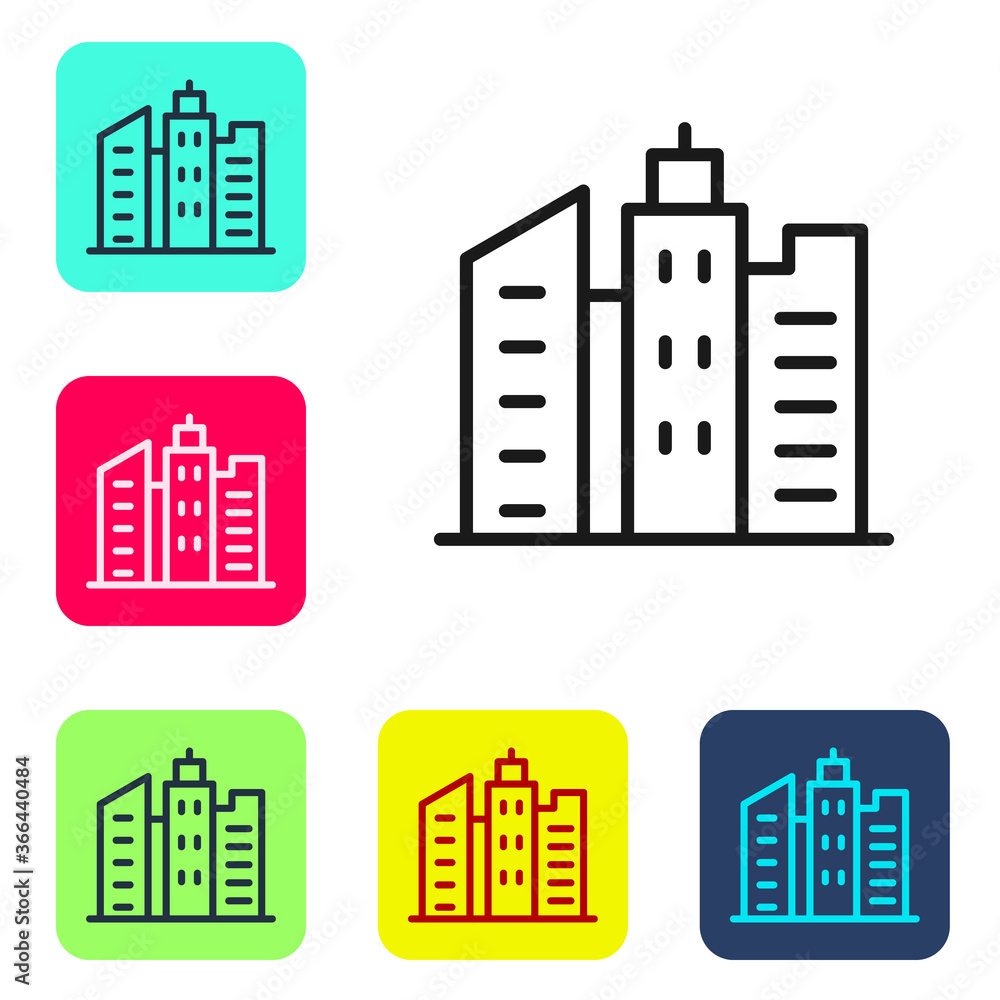 Obraz premium Black line City landscape icon isolated on white background. Metropolis architecture panoramic landscape. Set icons in color square buttons. Vector Illustration.