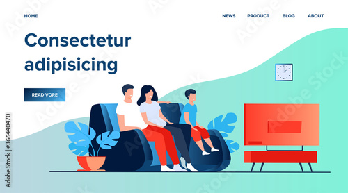Happy family watching TV together flat vector illustration. Cartoon mother, father and kid sitting on couch or sofa at home and watching movie. Lifestyle and entertainment concept