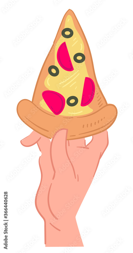 Hand holding slice of italian pizza, fast food Hand holding slice of italian pizza, fast food