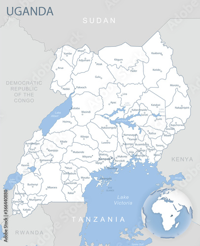 Blue-gray detailed map of Uganda and administrative divisions and location on the globe.