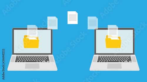 Fototapeta Naklejka Na Ścianę i Meble -  File transfer concept, sharing files between devices with folders on screen and transferred documents, Backup files, flat icon. Vector illustration
