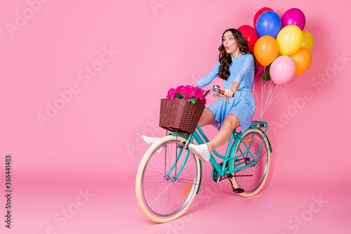 Fototapeta Naklejka Na Ścianę i Meble -  Full length body size view of attractive girlish cheerful wavy-haired lady riding bike without legs carrying festal holiday decoration having fun pout lips isolated pink pastel color background