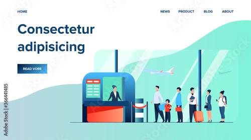 Airport queue vector illustration. Line of tourists standing at check in desk. Flight passengers waiting for boarding to plane in departure area