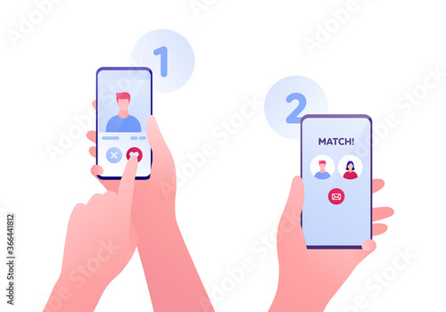Dating online app and relatioship concept. Vector flat person illustration. Human hand holding smartphone and touch heart shape symbol. Man and woman avatar with match text. Design for banner, web.