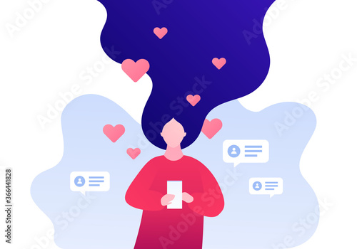 Dating online app, relatioship and blogger concept. Vector flat person illustration. Woman holding smart phone. Heart shape like symbol and profile sign. Love emotion. Design element for banner, web.