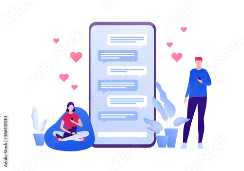 Dating online app and relatioship concept. Vector flat person illustration. Man with smartphone and woman sitting with cat chat on phone screen. Like heart symbol. Design element for banner, web.